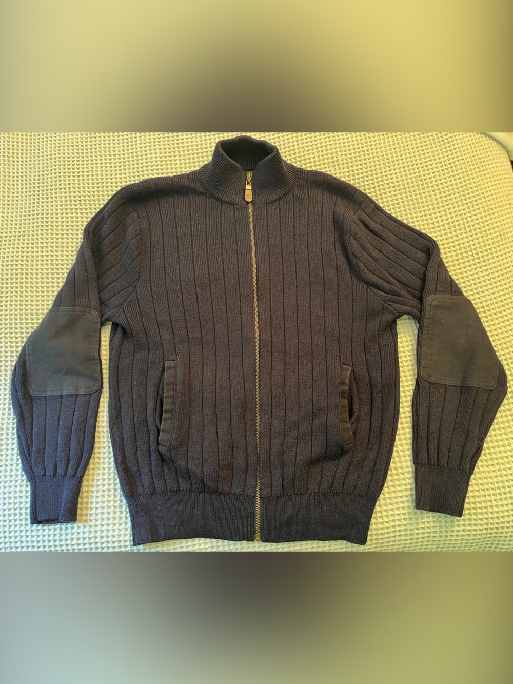 Orvis “Fisherman’s Cardigan” Navy Zip-Front Ribbed Sweater with Elbow Patches